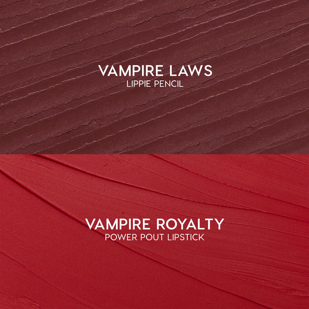 ColourPop Power Pout Lipstick swatch in Vampire Royalty sweeps in velvety red strokes, shown with the matching Vampire Laws Lippie Pencil swatch above as the You Can't Trust Vampires kit, highlighting bold, creamy color payoff.