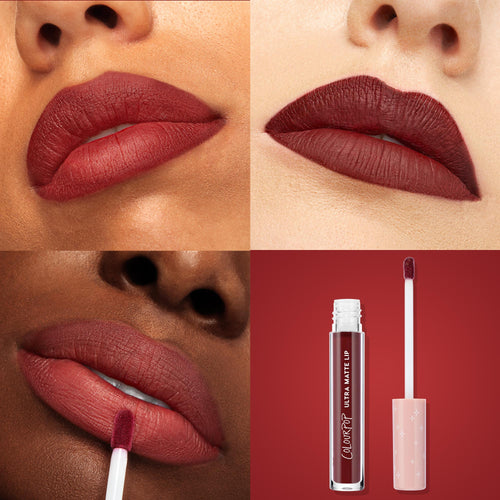 LAX Ultra Matte Lip by ColourPop coating lips in a deep burgundy-red matte; three close-up swatches show the shade on different lips, with the clear tube and doe-foot applicator displayed on a red backdrop.