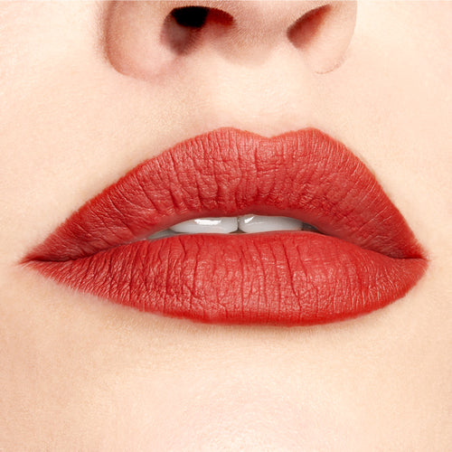 Full lips lined and filled with ColourPop Lippie Pencil Love Bug, showcasing a matte warm terracotta-red finish in a close-up studio shot with smooth, precise edges.
