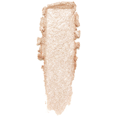 ColourPop Ladybird Super Shock Shadow swatch, a shimmering champagne‑beige with fine silver glitter, shown as a thick, creamy stroke highlighting metallic payoff and texture on a clean white background.