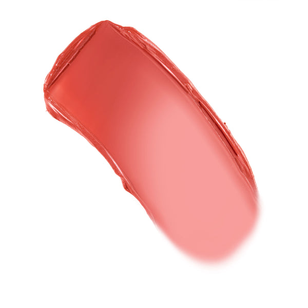 Creamy swipe of ColourPop Lip and Cheek Balm in Second Date, a warm coral‑pink swatch arcing on a white background, showing dewy, semi‑sheer, buildable coverage for multitasking lip and cheek color.
