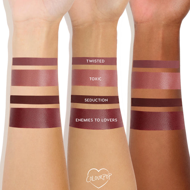 Arm swatches showcasing the Secret Kiss Lipstick & Lip Pencil Set, featuring ColourPop Lux Lipstick shades Twisted, Toxic, Seduction, and Enemies to Lovers, lined across three arms with light, medium, and deep skin tones.