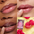 Enchanted Rose ColourPop Lip Mask conditioning lips - glossy close-ups show fingers applying the sheer balm, with an open rosy-pink jar and matching box featuring Beauty and the Beast rose art on a yellow backdrop with red petals.