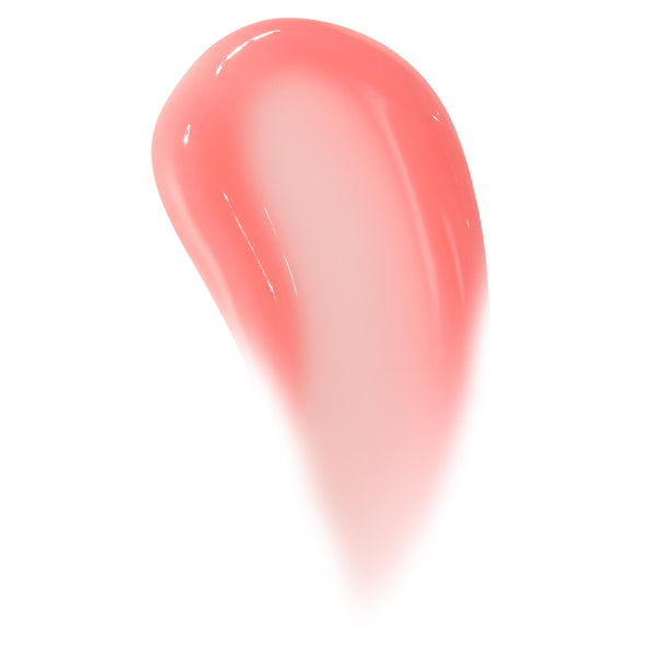 Strawberry Milk Lip Mask swatch gliding in a glossy teardrop smear on a clean white background, showcasing a creamy, semi-sheer pink shine and hydrating texture; ColourPop Lip Mask shade swatch for US shoppers.