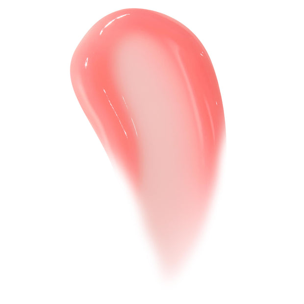 Strawberry Milk Lip Mask swatch gliding in a glossy teardrop smear on a clean white background, showcasing a creamy, semi-sheer pink shine and hydrating texture; ColourPop Lip Mask shade swatch for US shoppers.