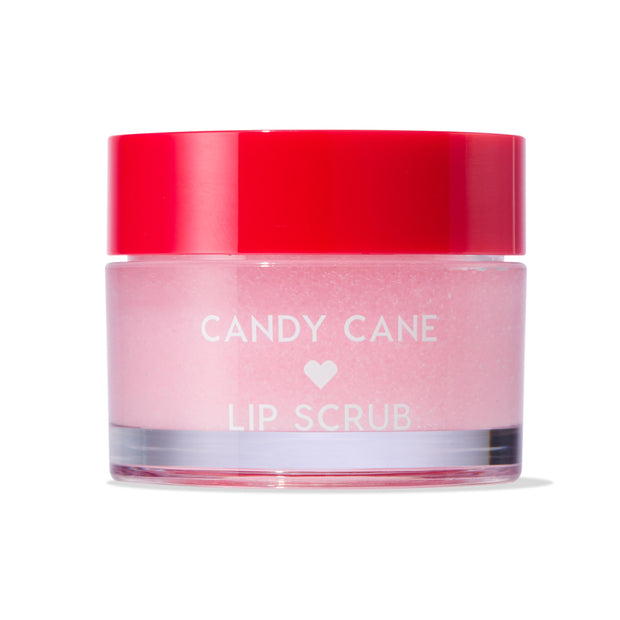 Colourpop Candy Cane lip scrub displayed in a clear round jar with a glossy red screw-top lid, pale pink exfoliating sugar scrub visible and a white 'CANDY CANE' label with a heart, studio shot on a white background.