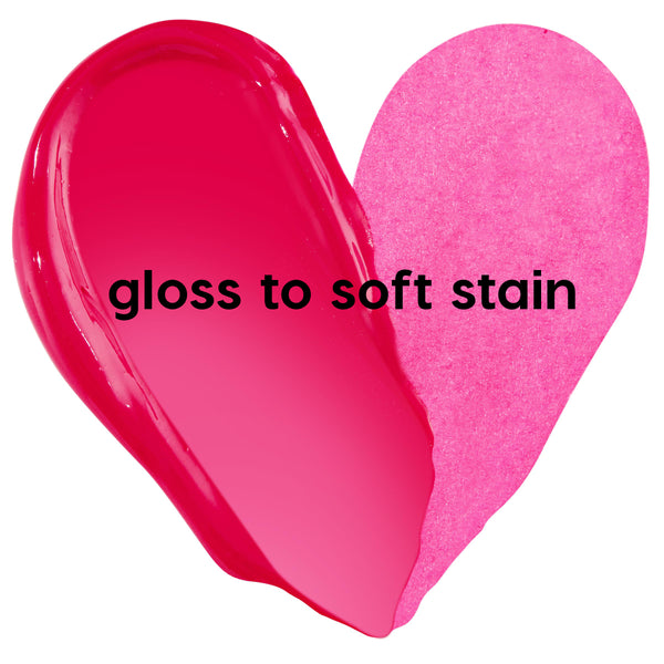 Heart-shaped swatch of A Little Dramatic ColourPop Lip Stain compares finishes, with vivid fuchsia gloss on the left labeled gloss it and a sheer hot-pink stain on the right labeled stain it against a white background.