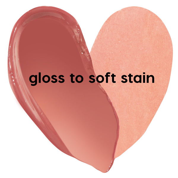 Baby Fox ColourPop Lip Stain swatch forms a heart, demonstrating two finishes: left is a glossy rosy‑nude labeled 'gloss it,' right is a sheer peachy stain labeled 'stain it,' isolated on white.