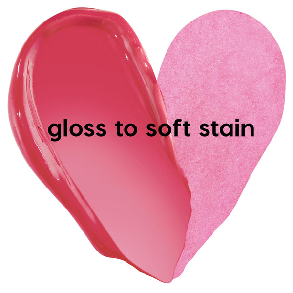 ColourPop Lip Stain Juice Box swatch forming a heart, with a glossy deep-rose swipe labeled 'gloss it' on the left and a sheer pink stain labeled 'stain it' on the right on a white background.