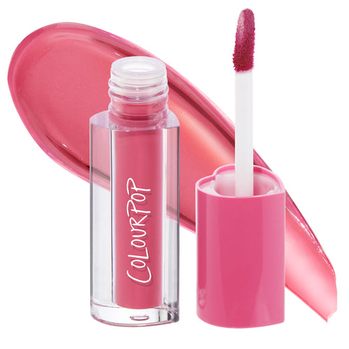 ColourPop Lip Stain Mantra stands open, doe-foot applicator coated in rosy pink pigment, with a glossy swatch behind; clear acrylic tube with white ColourPop logo and pink cap showcases the liquid lip stain shade.