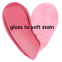 Mantra ColourPop Lip Stain swatch forms a heart, demonstrating finish options: left side a high-shine rosy pink gloss labeled “gloss it,” right side a soft pink stain labeled “stain it,” set on a clean white background.