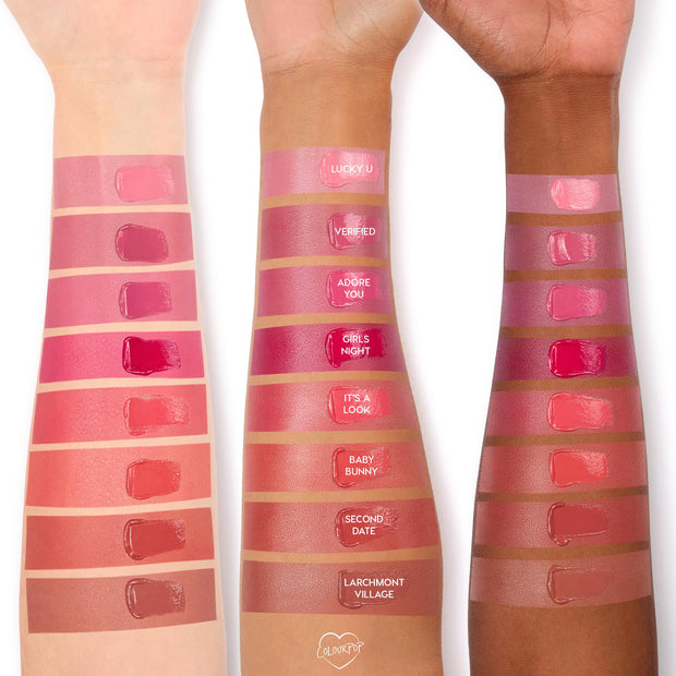 ColourPop Lip and Cheek Balm in Verified swatched on light, medium, and deep arms alongside shades Lucky U, Adore You, Girls Night, It’s a Look, Baby Bunny, Second Date, and Larchmont Village; glossy rectangles show color payoff and undertones.