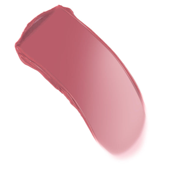 Love Interest ColourPop Lip and Cheek Balm swatch, a rosy pink cream with a dewy sheen, sweeping in a curved swipe to show smooth, blendable texture on a clean white background.