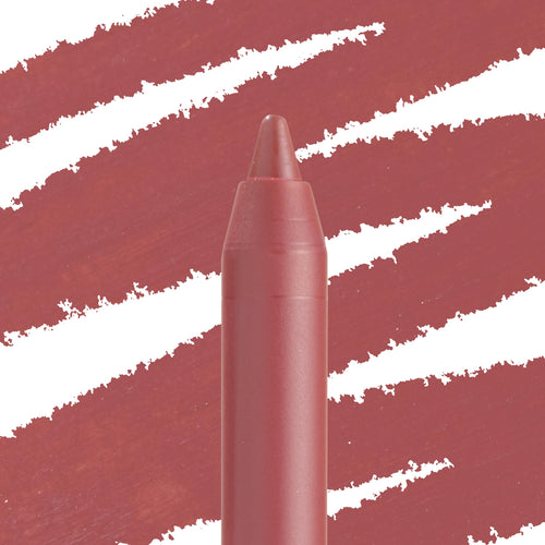 ColourPop Lippie Pencil in Double Tap, a rosy mauve lip liner, standing tip-up with bold diagonal swatch strokes behind on a white background.