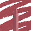 ColourPop Lippie Pencil Me Again stands with a sharpened tip, showcasing a dusty rose-mauve shade, while bold diagonal swatches behind display its rich pigment for precise lip lining.