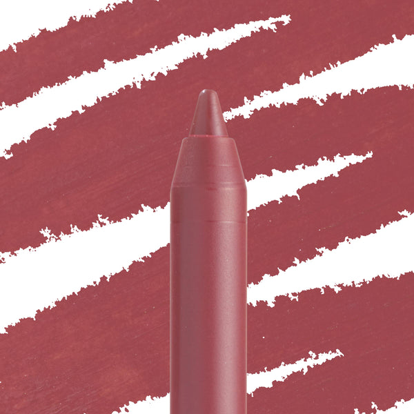 ColourPop Lippie Pencil Me Again stands with a sharpened tip, showcasing a dusty rose-mauve shade, while bold diagonal swatches behind display its rich pigment for precise lip lining.