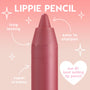 Ashton ColourPop Lippie Pencil stands upright, showcasing a creamy mauve tip on a pink gradient background with callouts for long-lasting wear, easy to sharpen, and super creamy formula - our #1 best-selling lip pencil.