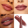 Kapish Lippie Stix coats three sets of lips in a grid with a rosy mauve shade, showing smooth, full-coverage color on multiple skin tones, while the ColourPop Lippie Stix bullet and a shade swipe appear on a white background.