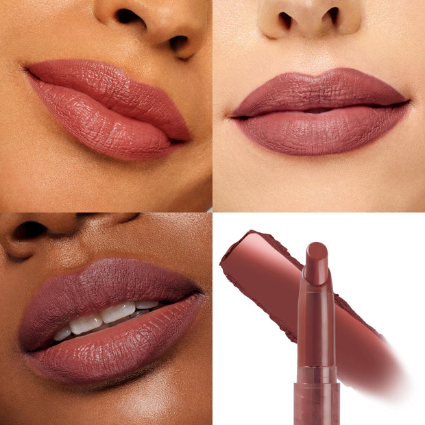 Kapish Lippie Stix coats three sets of lips in a grid with a rosy mauve shade, showing smooth, full-coverage color on multiple skin tones, while the ColourPop Lippie Stix bullet and a shade swipe appear on a white background.