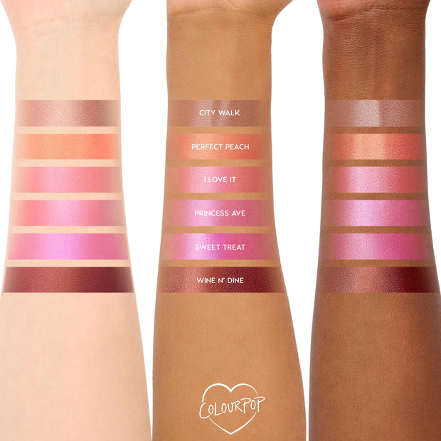 City Walk ColourPop Liquid Blush arm swatch shown on three skin tones, alongside labeled shades Perfect Peach, I Love It, Princess Ave, Sweet Treat, and Wine N’ Dine, highlighting the pearl finish, smooth pigment, and shade comparison.