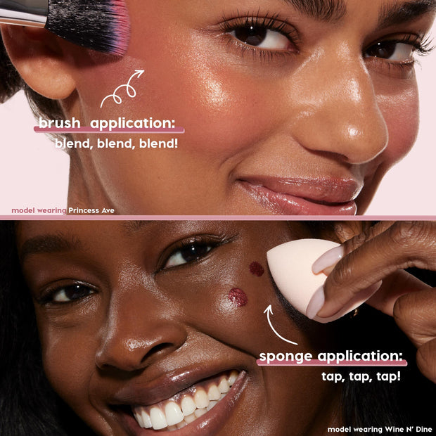 City Walk ColourPop Liquid Blush blended with a brush and tapped with a makeup sponge on two models’ cheeks, showing a dewy, pearly glow and buildable pigment in a split-screen close-up that demonstrates brush vs. sponge application.