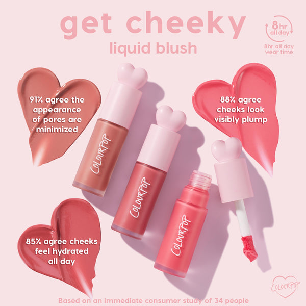 Angel Face ColourPop Liquid Blush tubes - three shades with heart-top caps - arranged on a pink backdrop, one open to reveal a doe-foot applicator and creamy heart-shaped swatches; graphic highlights 8-hour wear, pore-minimizing, plumping, and all-day hydration.