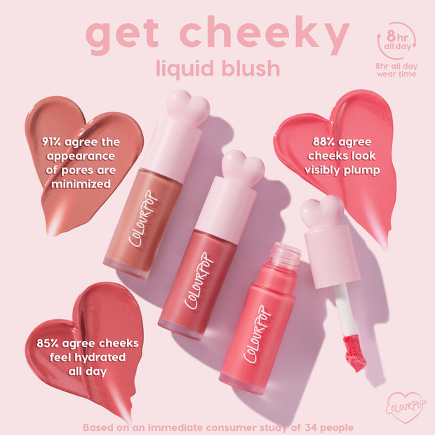 Angel Face ColourPop Liquid Blush tubes - three shades with heart-top caps - arranged on a pink backdrop, one open to reveal a doe-foot applicator and creamy heart-shaped swatches; graphic highlights 8-hour wear, pore-minimizing, plumping, and all-day hydration.