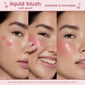 ColourPop Liquid Blush I Love It shown in a step-by-step close-up: pink heart swatches on the cheek, a fingertip blending the pearly liquid, then the after look with a dewy rosy sheen, demonstrating its buildable, blendable finish.