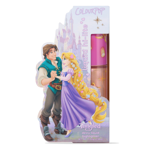 ColourPop Liquid Highlighter Mother Gothel shade displayed upright in a die-cut Disney Tangled box, featuring Rapunzel and Flynn Rider art, pink lantern-print cap, and a clear tube showing dewy, shimmery liquid highlighter.
