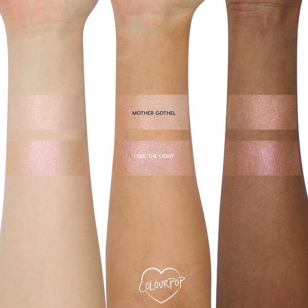 Mother Gothel ColourPop Liquid Highlighter swatched in two shimmering bands on three arms (light, medium, deep tones), showing a rosy champagne glow beside I See The Light on a white background.