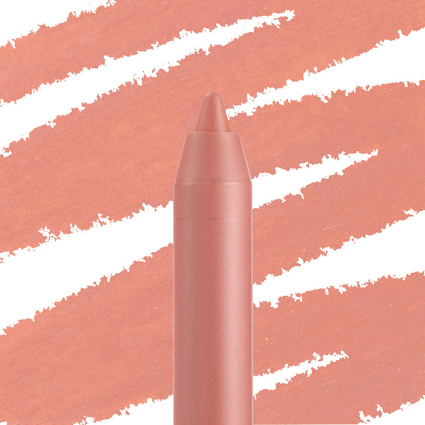 ColourPop Lippie Pencil in Little One stands upright in a macro close-up, tip exposed, showing creamy warm peachy-nude pigment, with matching diagonal swatch strokes behind to showcase the lip liner shade.