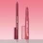 ColourPop Lippie Pencil Shot Clock stands uncapped beside matching Lippie Stix, both in rosy mauve, upright on a light surface against a pink gradient backdrop, highlighting the precise liner tip and branded tubes.