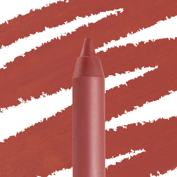 Love Bug ColourPop Lippie Pencil tip stands upright, showcasing a matte warm terracotta shade with bold diagonal swatch strokes behind on white, ideal for precise lining and long-wear lip color.