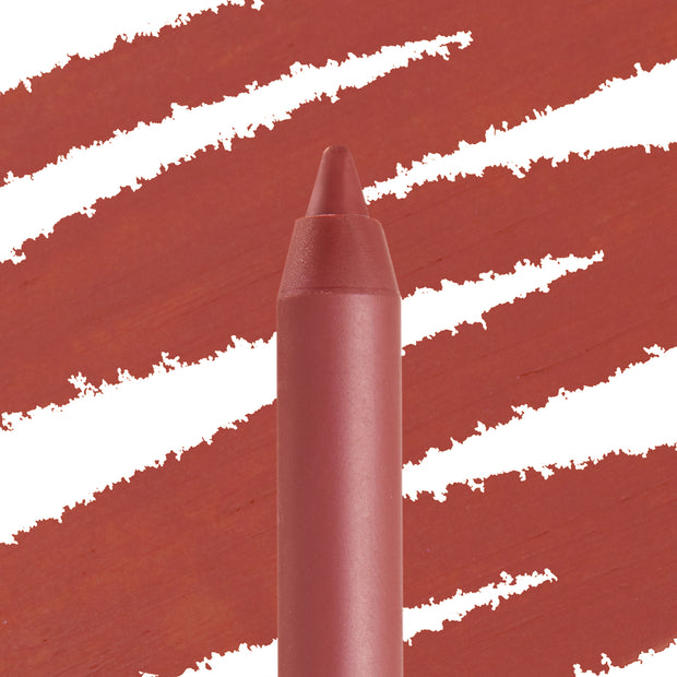 Love Bug ColourPop Lippie Pencil tip stands upright, showcasing a matte warm terracotta shade with bold diagonal swatch strokes behind on white, ideal for precise lining and long-wear lip color.