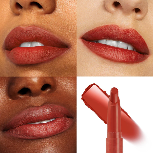 ColourPop Lippie Stix in Love Life coats lips in a warm brick‑red shade, shown in close‑up swatches across multiple skin tones, with the slim lipstick bullet and a matching smear displayed on a white background.