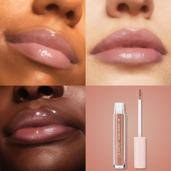 ColourPop Ultra Glossy Lip Lynx gloss adds high-shine, sheer pink‑nude color to lips, shown on multiple skin tones in three close-up swatches; product tube with peach star‑print cap and doe‑foot applicator on a blush background.