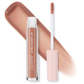 ColourPop Ultra Glossy Lip in Lynx shown with doe-foot wand and pink star-print cap beside a clear tube, with a glossy warm nude caramel swatch behind it, highlighting the high-shine finish in a studio product shot on white.