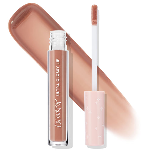 ColourPop Ultra Glossy Lip in Lynx shown with doe-foot wand and pink star-print cap beside a clear tube, with a glossy warm nude caramel swatch behind it, highlighting the high-shine finish in a studio product shot on white.