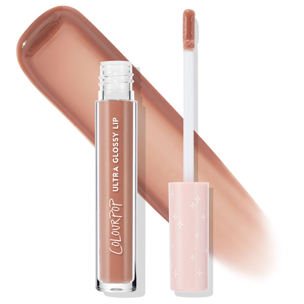 ColourPop Ultra Glossy Lip in Lynx shown with doe-foot wand and pink star-print cap beside a clear tube, with a glossy warm nude caramel swatch behind it, highlighting the high-shine finish in a studio product shot on white.