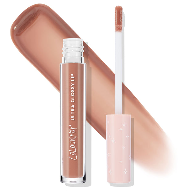 ColourPop Ultra Glossy Lip in Lynx shown with doe-foot wand and pink star-print cap beside a clear tube, with a glossy warm nude caramel swatch behind it, highlighting the high-shine finish in a studio product shot on white.