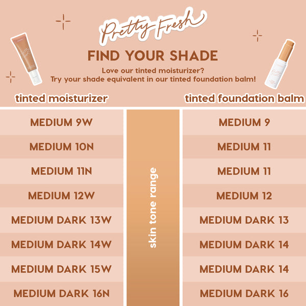 ColourPop Pretty Fresh shade finder charts the Complexion Bundle Face Set, mapping tinted moisturizer to tinted foundation balm: Medium 9W→Medium 9, 10N→11, 11N→11, 12W→12, Medium Dark 13W→13, 14W→14, 15W→14, 16N→16 on a peach background.