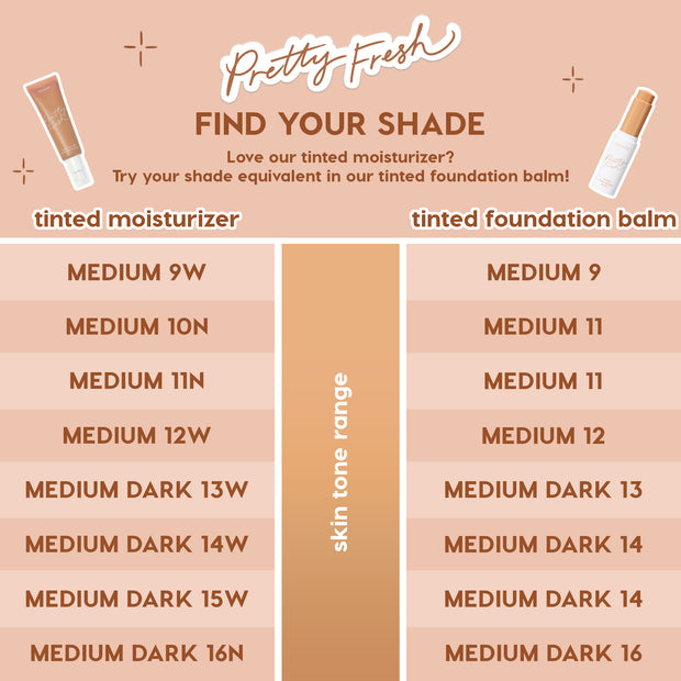 ColourPop Pretty Fresh shade finder charts the Complexion Bundle Face Set, mapping tinted moisturizer to tinted foundation balm: Medium 9W→Medium 9, 10N→11, 11N→11, 12W→12, Medium Dark 13W→13, 14W→14, 15W→14, 16N→16 on a peach background.