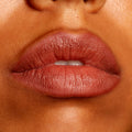 Lips wearing BFF2 ColourPop Lippie Pencil, lining and filling in a warm rosy-brown nude with a creamy satin finish; close-up beauty swatch showing precise lip definition and smooth texture.
