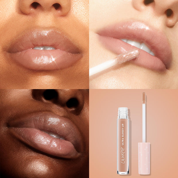 ColourPop Ultra Glossy Lip in Major Throwback coats lips with high-shine nude-beige gloss; three close-ups show the shine on multiple skin tones while the clear tube and doe-foot wand with peach star cap rest on a warm beige background.