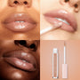 ColourPop Ultra Glossy Lip in Major Throwback coats lips with high-shine nude-beige gloss; three close-ups show the shine on multiple skin tones while the clear tube and doe-foot wand with peach star cap rest on a warm beige background.