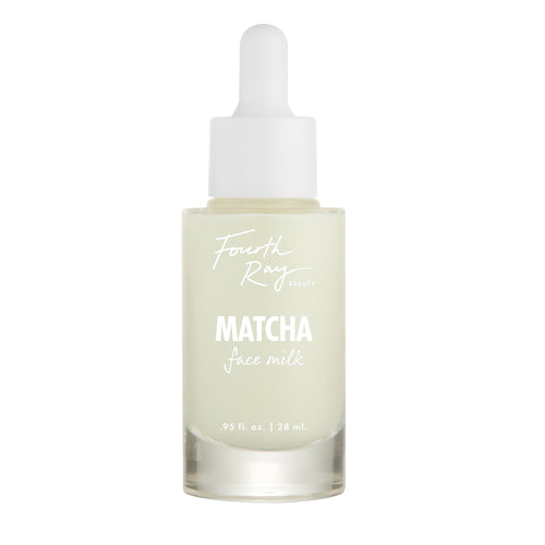 Fourth Ray Beauty Matcha Face Milk dropper bottle displaying pale green serum stands upright on a white background; 0.95 fl oz (28 mL) skincare hydrator, part of the ColourPop Face Milk collection.