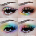 Four close-up eyes display the Matte About Hue ColourPop Shadow Palette in action, blending matte rainbow shades - pink, purple, yellow, green, and blue - with soft gradients and dramatic lashes, shown in a 2x2 grid to highlight versatile color combos.