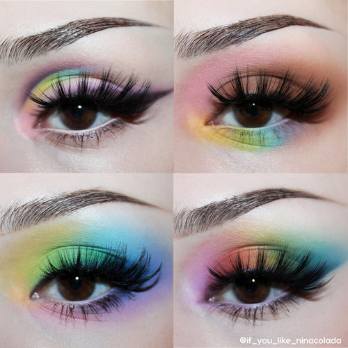 Four close-up eyes display the Matte About Hue ColourPop Shadow Palette in action, blending matte rainbow shades - pink, purple, yellow, green, and blue - with soft gradients and dramatic lashes, shown in a 2x2 grid to highlight versatile color combos.