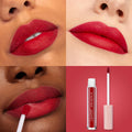 ColourPop Ultra Matte Lip in Melonade coating lips in a bold watermelon-red, a doe-foot applicator gliding on for a smooth, transfer-resistant matte finish; a four-panel grid shows wear on varied skin tones and the product tube on a red backdrop.