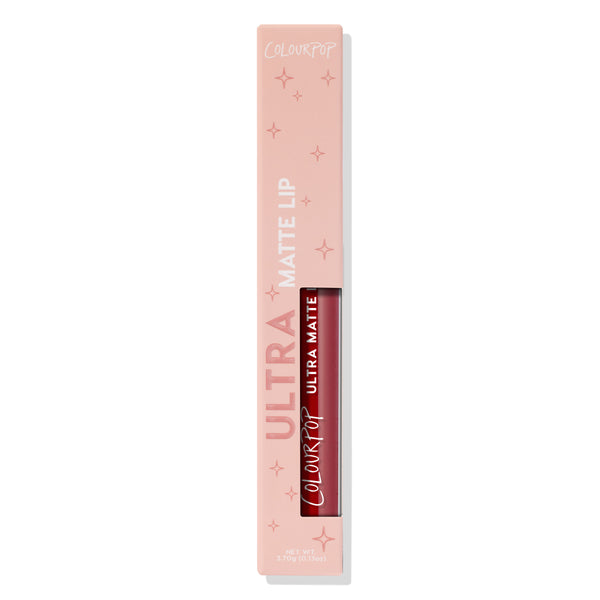ColourPop Ultra Matte Lip in Melonade shown upright in a pink star-print box with a window revealing the deep watermelon-red liquid lipstick tube, 3.7g (0.13oz), displayed on a clean white background.